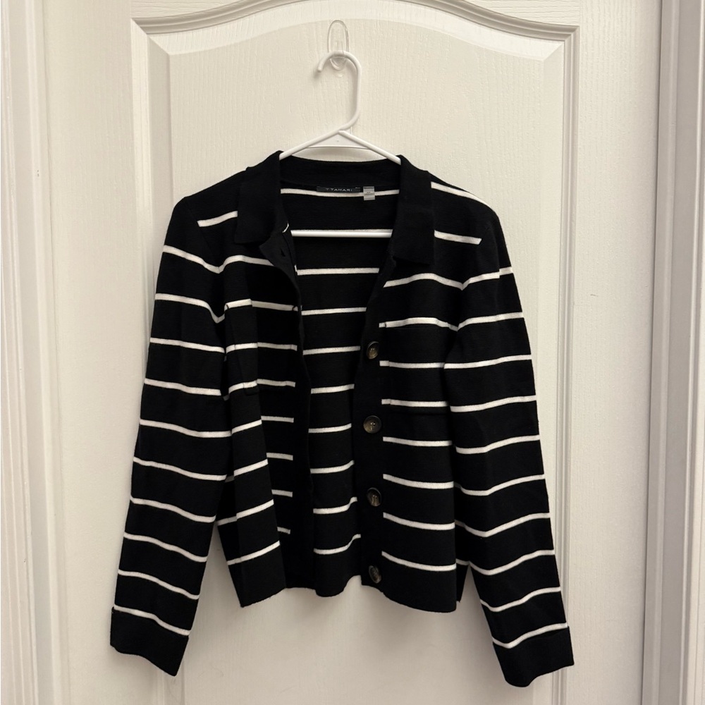 T Tahari Black and White Striped Cardigan